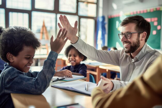 Photo happy teacher and schoolboy giving each other highfive on a class happy male teacher giving highf