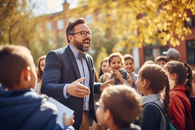 Happy teacher talks with students Table lesson Generate Ai