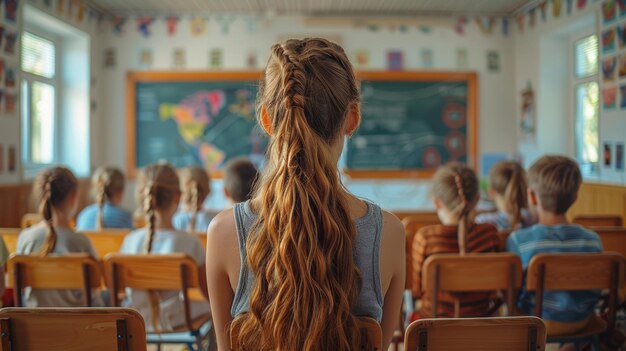 Happy teacher teaching in class with children sitting copy space bright light blurred background