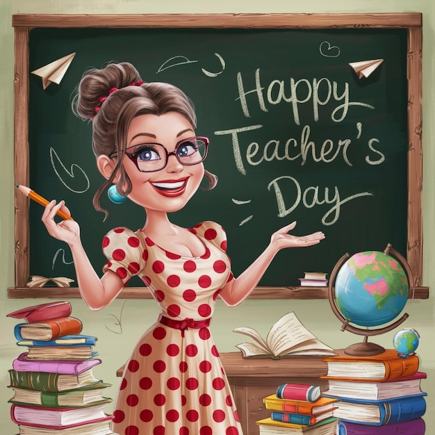 Photo happy teachera day cartoon teacher with blackboard design 1