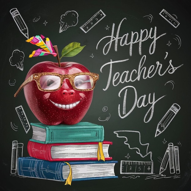 Happy Teacheraposs Day Poster with Glasses on Apple and Doodles 1