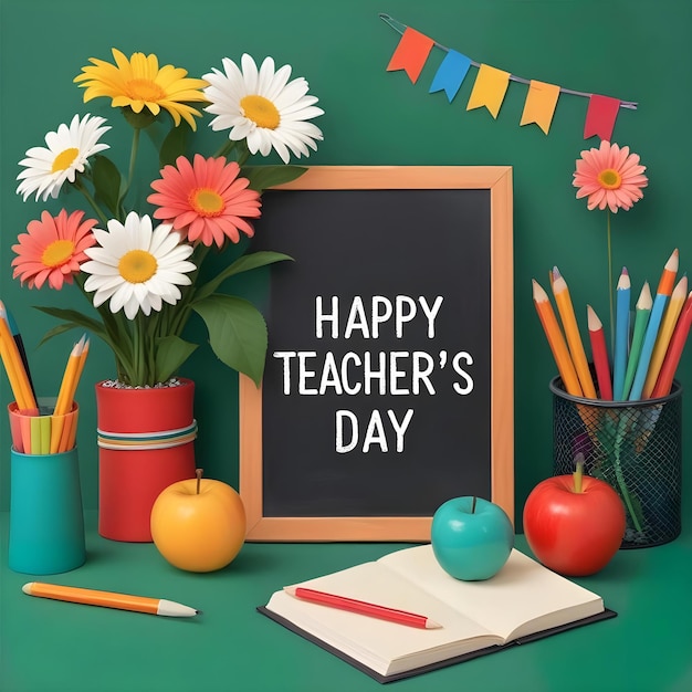 Photo happy teachers day chalkboard with colorful supplies