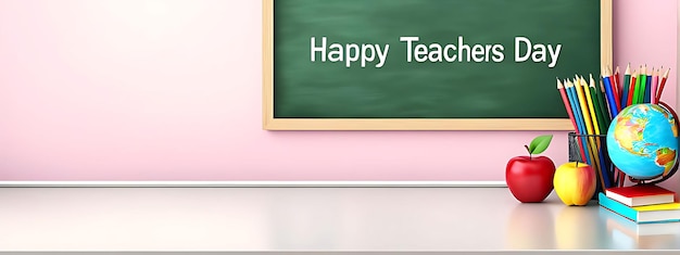 Happy Teachers Day copy space chalkboard school ruler apple pencil book design 3d illustration