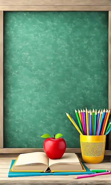 Happy Teachers Day copy space chalkboard school ruler apple pencil book design 3d illustration