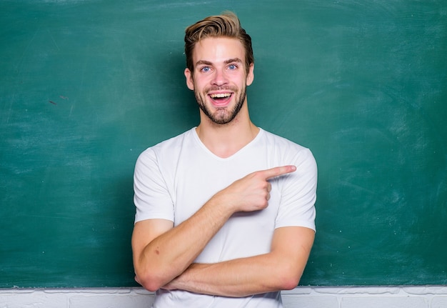 Happy teachers day. Master of simplification. Man teacher in front of chalkboard. Advantages for male elementary teacher are abundant. Teaching could be more fun. Teacher interesting speaker lecturer.