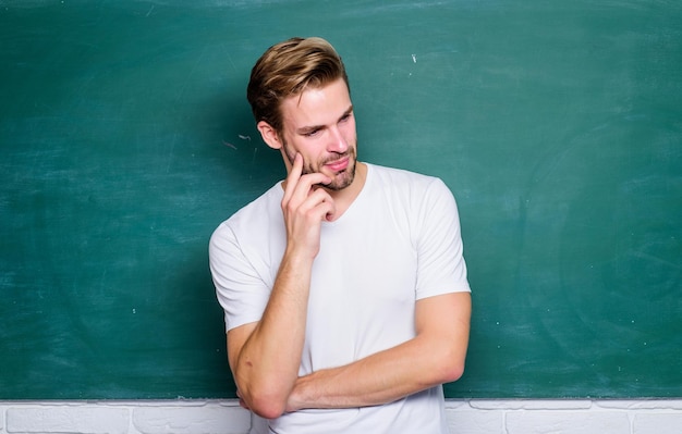 Happy teachers day Master of simplification Man teacher in front of chalkboard Teaching could be more fun Teacher interesting speaker lecturer Advantages for male elementary teacher are abundant