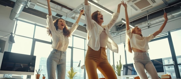 Photo happy team celebrating success in modern office