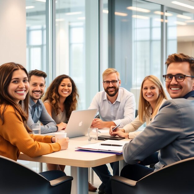 Photo happy team in a modern office attending a meeting