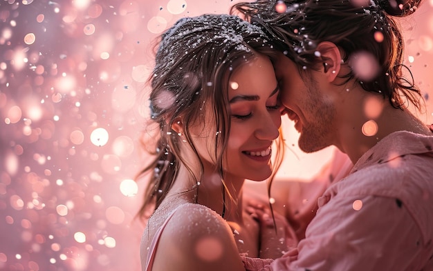 Happy teen couple embracing on pink background