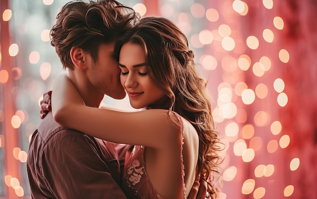 Happy teen couple embracing on pink background