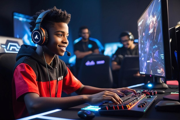 Photo happy teen gamer competing in esports arena