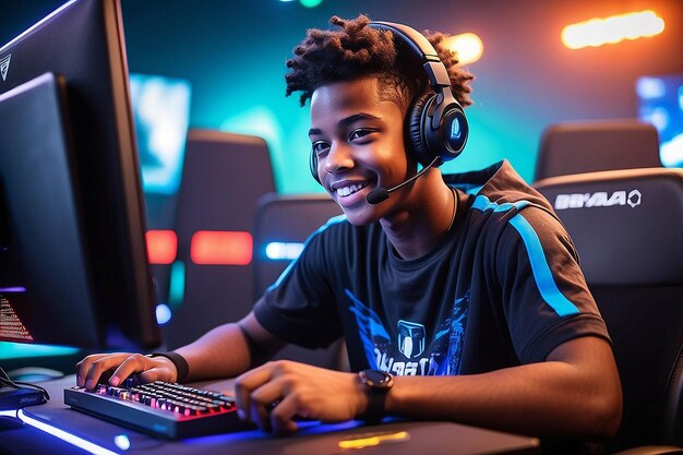 Photo happy teen gamer competing in esports arena