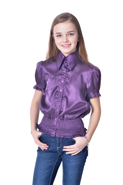 Photo happy teen girl in purple blouse posing