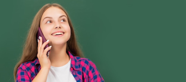 Happy teen girl wear retro clothes childhood happiness negotiation Banner of school girl student Schoolgirl pupil portrait with copy space