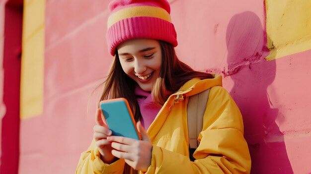 Happy Teen Girl with Phone Against Pink Wall