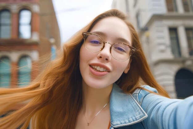 Photo happy teenage girl in the city taking a selfie