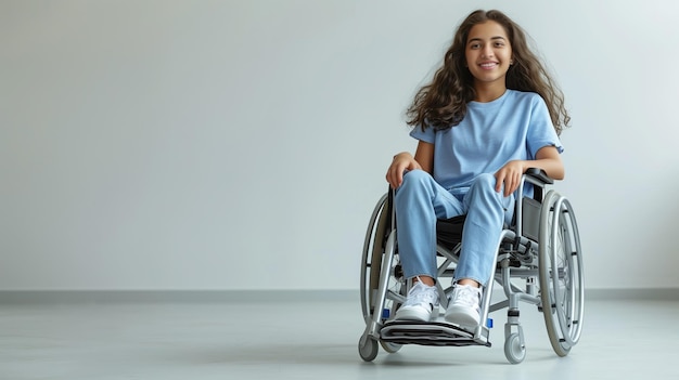 Happy teenage girl in wheelchair on white background people with disabilities in wheelchair concept