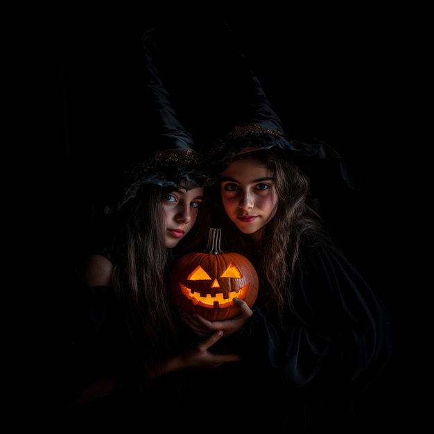 Happy teenagers in Halloween costumes holding pumpkin lantern in dark