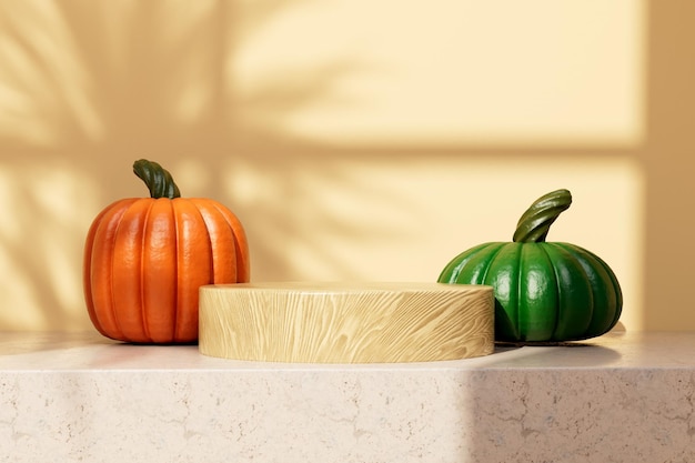 Happy Thahksgiving day orange and green pumpkins on marble table with wooden podium 3d render