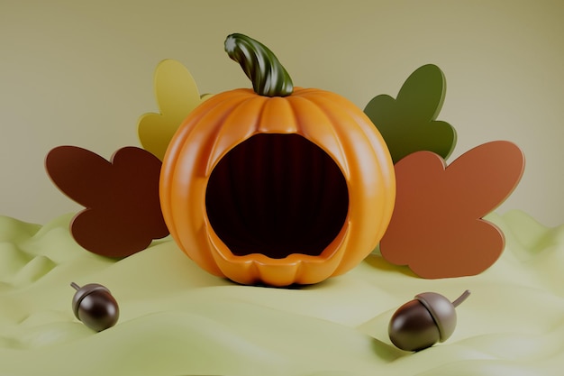 Happy Thahksgiving day pumpkin with acorns and leaves on green background 3d render