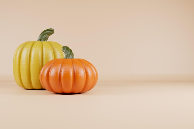 Happy Thahksgiving day yellow and orange pumpkins on light brown background 3d render