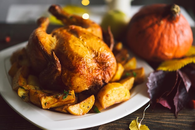 Happy Thanksgiving Autumn composition with leaves ripe pumpkin and Thanksgiving turkey on a dark wooden table Top view