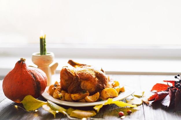 Happy Thanksgiving Autumn composition with leaves ripe pumpkin and Thanksgiving turkey on a dark wooden table Top view