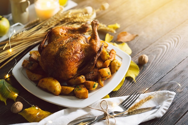 Happy Thanksgiving Autumn composition with leaves ripe pumpkin and Thanksgiving turkey on a dark wooden table Top view