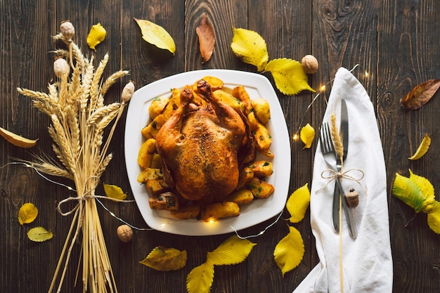 Happy Thanksgiving Autumn composition with leaves ripe pumpkin and Thanksgiving turkey on a dark wooden table Top view