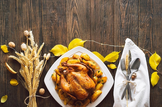 Happy Thanksgiving Autumn composition with leaves ripe pumpkin and Thanksgiving turkey on a dark wooden table Top view