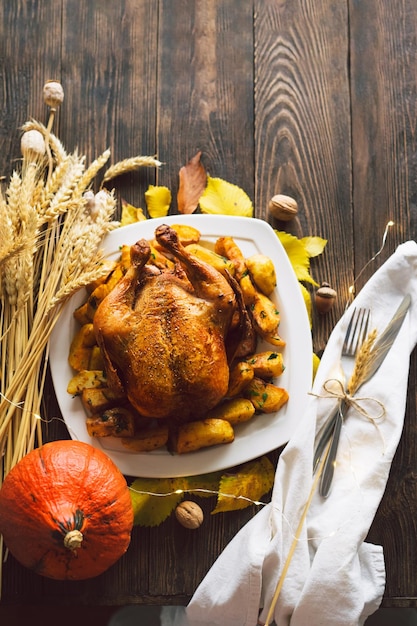 Happy Thanksgiving Autumn composition with leaves ripe pumpkin and Thanksgiving turkey on a dark wooden table Top view