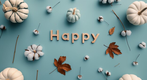 Photo happy thanksgiving background with pumpkins and cotton flowers