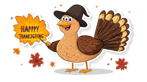 Photo happy thanksgiving cartoon turkey wearing a witch hat and holding a leaf with text