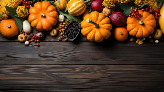 Happy Thanksgiving concept Composition with ripe orange pumpkins fallen leaves dry flowers on rustic wooden table Flat lay top view copy space