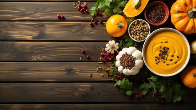 Happy Thanksgiving concept Composition with ripe orange pumpkins fallen leaves dry flowers on rustic wooden table Flat lay top view copy space