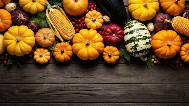 Happy Thanksgiving concept Composition with ripe orange pumpkins fallen leaves dry flowers on rustic wooden table Flat lay top view copy space