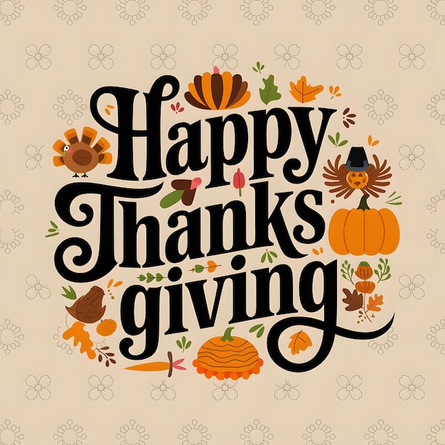 Happy thanksgiving day background with lettering and illustrations