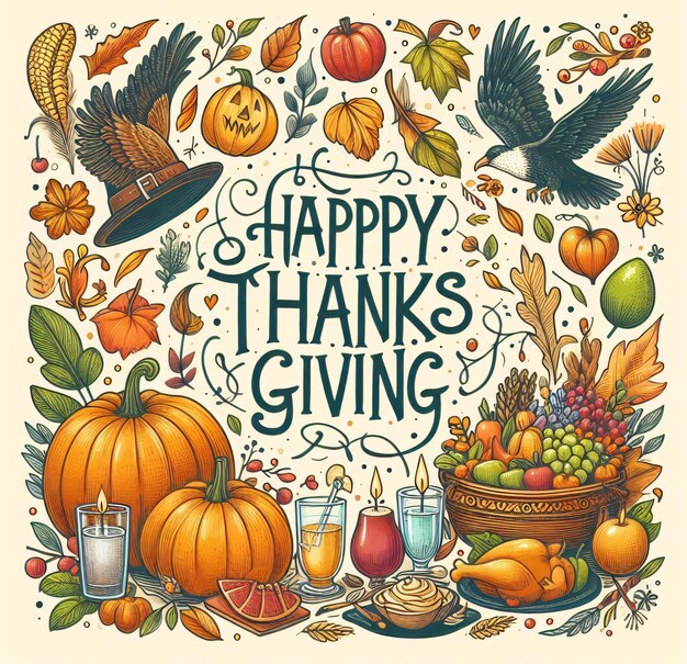 Happy Thanksgiving Day Illustration with Turkey Bird Pumpkin Leaves and Many Others Elements