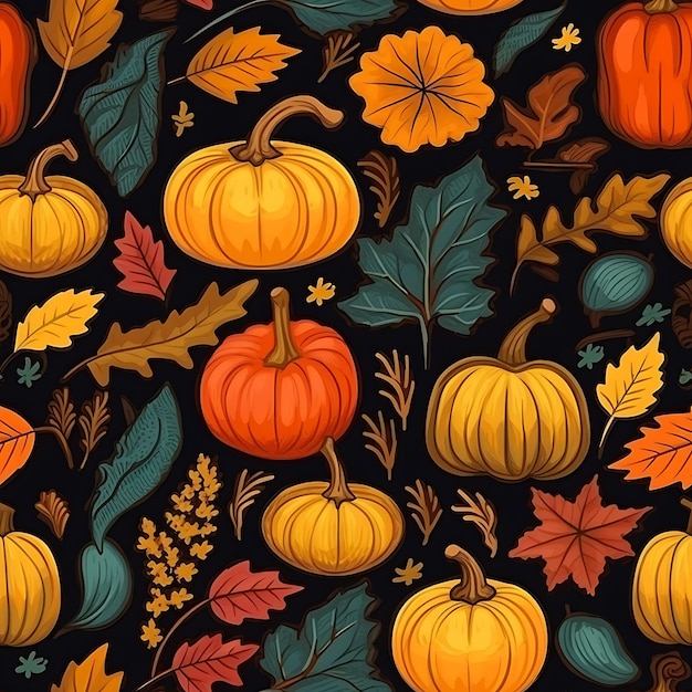 Happy Thanksgiving Day seamless patternFalling autumnThanksgiving cute pumpkins doodle background