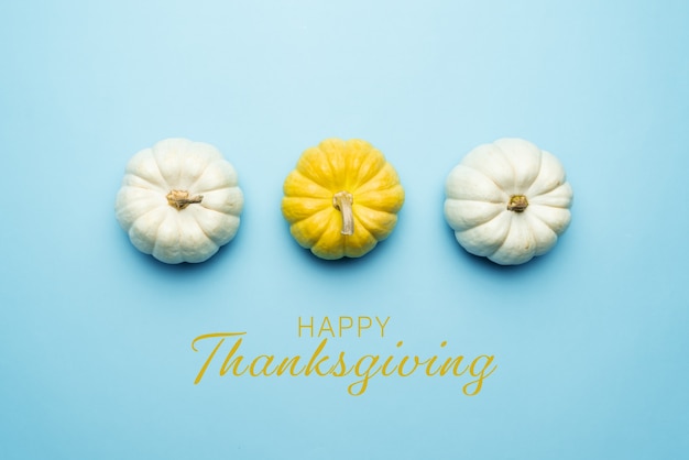 Happy Thanksgiving Day with pumpkin and nut on blue background