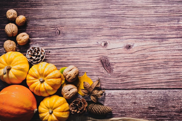 Happy Thanksgiving Day with pumpkin and nut on wooden table