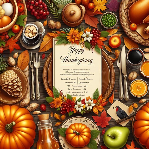 Photo happy thanksgiving greeting text with colorful pumpkins berries nuts and frame background