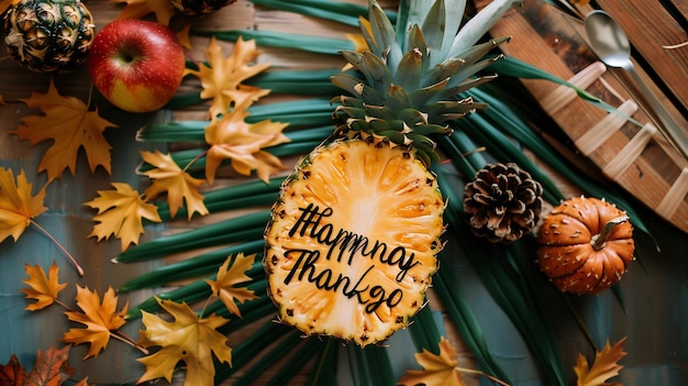 Photo happy thanksgiving pineapple decorated with fall foliage