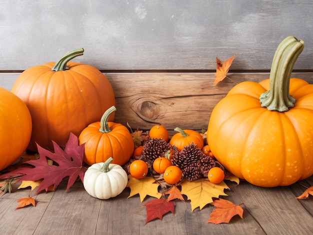 Happy Thanksgiving Pumpkins with fruits and falling leaves on rustic wooden table