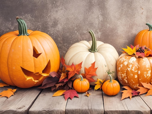 Happy Thanksgiving Pumpkins with fruits and falling leaves on rustic wooden table