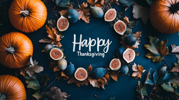 Photo happy thanksgiving text surrounded by a decorative wreath of pumpkins figs and autumn leaves on a dark blue background