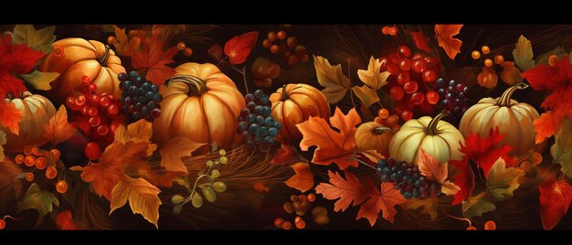 Happy Thanksgiving text with pumpkins and leaves Ai Generated