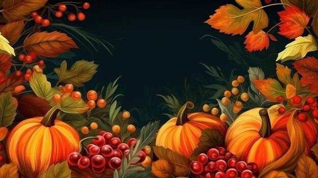 Happy Thanksgiving text with pumpkins and leaves Ai Generated