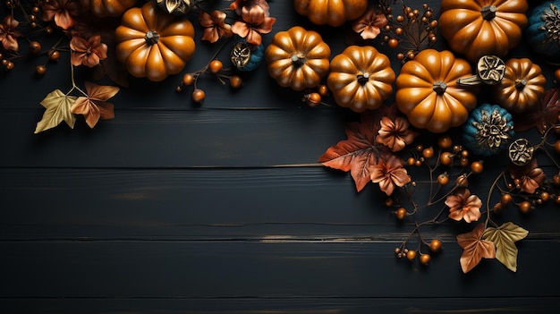 Happy Thanksgiving text with pumpkins and leaves over dark wood background Generative AI