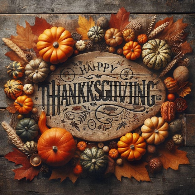 Happy Thanksgiving text with pumpkins and leaves over dark wood background